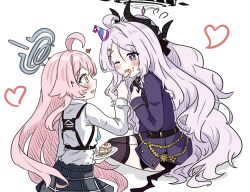  2girls ahoge black_horns black_skirt black_thighhighs black_wings blue_archive blue_necktie blush cake commentary demon_girl demon_horns demon_wings e_v_e_neko fang feeding food food_on_face grey_hair grey_halo halo hat heart highres hina_(blue_archive) holding holding_plate horns hoshino_(blue_archive) jacket long_hair long_sleeves miniskirt multiple_girls necktie one_eye_closed open_mouth parted_bangs party_hat pink_hair plaid_clothes plaid_skirt plate purple_jacket shirt skirt thigh-highs violet_eyes wavy_hair white_background white_shirt wings yellow_eyes yuri 