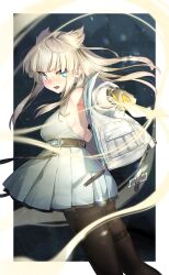  1girl absurdres animal_ears arknights arknights:_endfield armpits bare_shoulders bird_ears bird_girl black_pantyhose breasts coat commentary_request dress grey_hair highres holding holding_wand holding_weapon long_hair long_sidelocks looking_at_viewer off_shoulder open_mouth pantyhose perlica_(arknights) sideboob sidelocks sleeveless sleeveless_dress solo thigh_strap walking_nakta wand weapon white_coat white_dress 