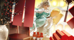  1girl absurdres alternate_costume chinese_commentary commentary_request fur_trim hair_ornament highres holding jewelry jinhsi_(wuthering_waves) lantern long_hair long_sleeves looking_at_viewer looking_to_the_side minglu_(gululu) mole mole_under_eye multiple_rings paper_lantern parted_lips ring smile solo white_hair wuthering_waves 