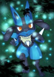  1other :o absurdres black_hair body_fur commentary_request flower furry glowing grass hatoro_kuroyoshi highres lucario open_mouth other_focus pokemon pokemon_(creature) red_eyes sitting spikes tail 