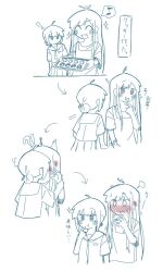  !? 2girls :t ^_^ ahoge ahoge_wag apron arrow_(symbol) blue_theme blush breast_pocket checkerboard_cookie cho_kaguya-hime! chocolate_chip_cookie closed_eyes closed_mouth commentary cookie ear_blush eating expressive_hair flinch food food_in_mouth hair_bun holding holding_another's_wrist holding_tray kaguya_(cho_kaguya-hime!) kiss long_hair long_sidelocks mikaaadukimo monochrome mouth_hold multiple_girls musical_note neckerchief nose_blush oven_mitts pleated_skirt pocket red_eyes sailor_collar sakayori_iroha school_uniform sequential serafuku shared_food shirt short_hair sidelocks single_hair_bun skirt sparkle speech_bubble spoken_musical_note spot_color surprise_kiss surprised t-shirt translated tray yuri 