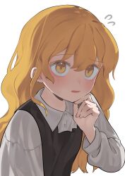  1girl black_vest blonde_hair blush collared_shirt flying_sweatdrops highres kirisame_marisa long_hair long_sleeves niru_(ka_k_0517) open_mouth shirt simple_background solo touhou vest white_background white_shirt yellow_eyes 