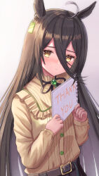 1girl ahoge animal_ears belt black_belt black_hair black_ribbon blush breasts casual closed_mouth commentary_request ear_tag earrings frilled_shirt frills gem green_gem hair_between_eyes holding holding_notepad horse_ears horse_girl jewelry long_bangs long_hair long_hair_between_eyes long_sleeves looking_at_viewer manhattan_cafe_(casual)_(umamusume) manhattan_cafe_(umamusume) multicolored_hair neck_ribbon notepad paper ribbon shirt shirt_tucked_in simple_background single_earring small_breasts solo thank_you thurumu umamusume white_hair yellow_eyes yellow_shirt 