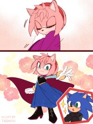  1boy 1girl amy_rose animal_ears anna_(frozen) anna_(frozen)_(cosplay) blue_fur blue_skirt capelet closed_eyes commentary cosplay dress english_commentary frozen_(disney) gloves green_eyes hedgehog_boy hedgehog_girl highres long_skirt long_sleeves pink_fur purple_capelet skirt sonic_(series) sonic_the_hedgehog tasikyu watermark white_gloves 