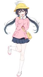  +_+ 1girl :d bag black_hair blue_archive blue_skirt commentary_request full_body grey_eyes hair_between_eyes hair_bobbles hair_ornament halo hand_to_own_mouth hands_up hat head_tilt heart highres kindergarten_bag kindergarten_uniform kisaki_(blue_archive) kisaki_(kindergarten_uniform)_(blue_archive) long_hair long_sleeves low_twintails nagami_yuu pink_shirt pleated_skirt puffy_long_sleeves puffy_sleeves school_hat shirt shoes simple_background skirt sleeves_past_wrists smile socks solo standing standing_on_one_leg teeth twintails upper_teeth_only uwabaki very_long_hair white_background white_shoes white_socks yellow_hat 
