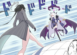  1boy 2girls ahoge armband black_coat black_gloves black_hair blue_archive breasts coat coat_on_shoulders commentary_request confrontation demon_girl demon_horns demon_wings dodododo doodle_sensei_(blue_archive) double_bun gloves grey_hair hair_bun highres hina_(blue_archive) horns jojo_no_kimyou_na_bouken kisaki_(blue_archive) long_hair low_wings meme multiple_girls oh?_you're_approaching_me?_(meme) parody red_armband sensei_(blue_archive) small_breasts standing twintails violet_eyes white_hair wings yokosima_lvc 