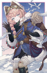  1girl animal aqua_eyes backpack bag bird black_boots black_gloves black_sweater boots braid brown_hat closed_mouth coat cover eyewear_on_head eyewear_strap feet_out_of_frame fur-trimmed_coat fur_trim gloves goggles goggles_on_head goggles_on_headwear hand_up hat highres leggings looking_at_viewer nautika_(reverse:1999) pants pink_hair purple_coat reverse:1999 sample_watermark smile snow solo sweater trapper_hat turtleneck turtleneck_sweater watermark white_bird white_pants xiao_mi_mianbao 