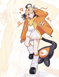  1girl ahoge alternate_costume arm_up black_shoes black_tail blonde_hair blush brown_hair commentary gigi_murin grin heart highres hololive hololive_english hood hoodie huge_ahoge jacket leg_warmers looking_at_viewer multicolored_hair one_eye_closed open_clothes open_jacket orange_jacket pink_eyes pixel_heart platform_shoes pochaimo print_hoodie print_jacket ribbon shoes short_hair short_twintails skirt sleeves_past_wrists smile solo tail twintails two-tone_hair two-tone_hoodie two-tone_shirt v v-shaped_eyebrows virtual_youtuber white_leg_warmers white_ribbon white_skirt yellow_hoodie yellow_skirt zipper zoom_layer 