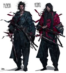  2boys absurdres beard black_hair blood facial_hair highres holding holding_sword holding_weapon japanese_clothes katana long_hair male_focus miyamoto_musashi_(vagabond) multiple_boys rxzarx samurai sasaki_kojirou_(vagabond) sword vagabond weapon 