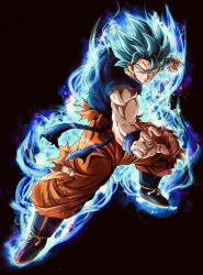  1boy absurdres aura black_background blue_boots blue_eyes blue_hair blue_sash blue_shirt blue_wrist_cuffs boots commentary_request dragon_ball dragon_ball_super fighting_stance full_body highres kuno_maru male_focus muscular muscular_male orange_pants pants sash shirt simple_background solo son_goku spiky_hair super_saiyan super_saiyan_blue torn_clothes torn_pants wrist_cuffs 