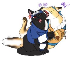  2boys anger_vein animal animalization biting biting_head blue_headband blue_shirt cat closed_eyes clothed_animal fox full_body headband highres jacket konohagakure_symbol multiple_boys naruto_(classic) naruto_(series) no_humans okbdko123 open_mouth orange_jacket red_eyes sharingan shirt uchiha_sasuke uzumaki_naruto white_background white_sleeves 