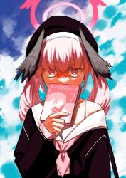  1girl a_(mitei7926) beret black_hat black_shirt blue_archive book covered_mouth halo hand_up hat head_wings highres holding holding_book koharu_(blue_archive) long_hair long_sleeves looking_at_viewer manga_(object) neckerchief off_shoulder pink_eyes pink_hair pink_neckerchief shaded_face shirt single_bare_shoulder solo twintails upper_body wings 