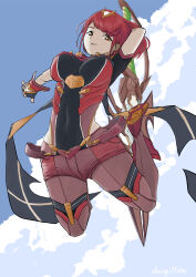  1girl aegis_sword_(xenoblade) bob_cut breasts commentary_request daisy21inc earrings fingerless_gloves floating_earrings gloves highres impossible_clothes jewelry large_breasts legs_up pantyhose pantyhose_under_shorts pyra_(xenoblade) red_eyes red_hair red_shorts red_thighhighs short_hair shorts smile solo super_smash_bros. swept_bangs thigh-highs thighhighs_over_pantyhose tiara xenoblade_chronicles_(series) xenoblade_chronicles_2 