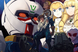 3boys 3girls belt big_hair blonde_hair blue_eyes blue_lips blue_overalls boa_(brianoa) brown_eyes brown_hair closed_mouth commentary dark-skinned_male dark_skin dianna_soreil drill_hair gloves grey_hair gundam harry_ord highres kihel_heim lipstick long_hair long_sleeves look-alike looking_at_viewer loran_cehack makeup mecha mobile_suit multiple_boys multiple_girls open_mouth overalls robot short_hair sochie_heim sunglasses turn_a_gundam turn_a_gundam_(mobile_suit) twitter_username untranslatable_commentary v-fin white_hair 