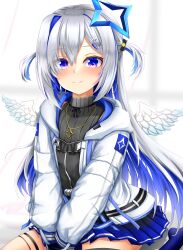  1girl absurdres amane_kanata amane_kanata_(work) asymmetrical_bangs asymmetrical_legwear belt black_dress black_gloves black_skirt blue_belt blue_hair blue_skirt blush closed_mouth colored_inner_hair commentary_request dress gloves gradient_clothes gradient_skirt gradient_wings grey_hair hachi7515 hair_between_eyes hair_ornament hairclip halo high_collar highres hololive jacket jewelry long_hair long_sleeves looking_at_viewer low_twintails multicolored_hair multicolored_wings necklace official_alternate_costume official_alternate_hair_length official_alternate_hairstyle pleated_skirt single_hair_intake sitting skirt smile solo star_(symbol) star_halo star_necklace streaked_hair twintails uneven_legwear violet_eyes virtual_youtuber white_jacket white_wings wings 