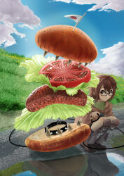  1girl aussa_(yu-gi-oh!) aussa_the_earth_charmer blue_sky boots brown_boots brown_cloak brown_eyes brown_hair cloak collar commentary day duel_monster food food-themed_creature glasses grass green_sweater hungry_burger japanese_flag kekkekekke lettuce looking_at_another meat medium_hair outdoors puddle reflection road scenery sesame_seeds sharp_teeth sky spiked_collar spikes squatting sweater teeth tomato tomato_slice turtleneck turtleneck_sweater water yu-gi-oh! 
