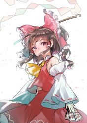  1girl ascot blush bow brown_hair commentary_request detached_sleeves frilled_bow frills gohei hair_bow hair_tubes hakurei_reimu highres holding holding_ofuda long_hair looking_at_viewer ofuda pyonsuke_(pyon2_mfg) red_bow red_eyes red_skirt ribbon-trimmed_sleeves ribbon_trim skirt skirt_set solo touhou yellow_ascot 