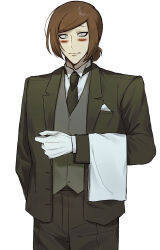  black_jacket black_necktie black_pants blush_stickers brown_hair butler closed_mouth commentary_request gloves grey_vest highres jacket looking_at_viewer luther_von_ivory necktie pants randal's_friends short_hair simple_background solo suit towel towel_on_arm vest white_background white_gloves yano_(zri_088) 