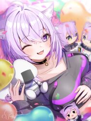  1girl ahoge animal_collar animal_ear_fluff animal_ears black_collar black_hoodie blurry blurry_background blush breasts cat_ears cat_girl cat_tail collar collarbone commentary_request cropped_hoodie food food_print hair_between_eyes hand_on_own_stomach highres hololive hood hood_down hoodie large_breasts long_sleeves looking_at_viewer midriff navel nekomata_okayu nekomata_okayu_(1st_costume) one_eye_closed onigiri onigiri_print onigirya_(nekomata_okayu) open_mouth purple_hair shirt short_hair sleeves_past_wrists smile solo stomach tail torakichi_888 violet_eyes virtual_youtuber 