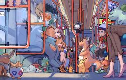  3girls 4boys ash_ketchum bag bird brendan_(pokemon) brock_(pokemon) bulbasaur calilo chicken commentary dragon dragonite eating eevee emolga english_commentary flying_squirrel gecko grocery_bag high_heels highres lugia marshtomp may_(pokemon) minun misty_(pokemon) multiple_boys multiple_girls pikachu plusle poke_ball pokemon pokemon_(anime) pokemon_stadium shopping_bag sitting sleeping slice_of_life squirrel squirtle subway swampert togepi torchic treecko turtle 