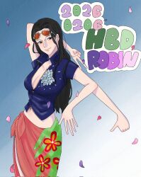  1girl black_hair blue_background blue_jacket closed_mouth commentary_request cowboy_shot dated eyewear_on_head falling_petals firerocksoup floral_print high_collar highres jacket korean_commentary long_hair nico_robin one_piece orange-tinted_eyewear petals pink_petals pink_sarong purple_petals sarong short_sleeves smile tinted_eyewear 