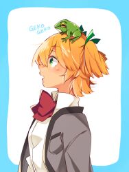  1girl :o animal_on_head arm_at_side bbr_brbr blonde_hair blue_border blush border bow bowtie breast_pocket collared_shirt commentary_request daiba_nana frog_on_head from_side green_eyes green_ribbon grey_jacket hair_between_eyes hair_ribbon jacket looking_ahead on_head open_clothes open_jacket open_mouth outside_border parted_bangs pocket profile red_bow red_bowtie ribbon rounded_corners school_uniform seishou_music_academy_uniform shirt short_hair shoujo_kageki_revue_starlight solo sound_effects two_side_up upper_body white_background white_shirt 