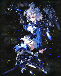 1girl black_thighhighs blue_eyes blue_jacket closed_mouth collared_shirt commentary_request dress_shirt english_text full_body grey_hair gun hand_up handgun hayakawa_harui highres holding holding_gun holding_sword holding_weapon jacket katana long_sleeves mecha_musume official_art open_clothes open_jacket pleated_skirt puffy_long_sleeves puffy_sleeves shirt skirt smile smoke smoking_barrel solo sword thigh-highs valkyrie_impulse watermark weapon white_shirt white_skirt 