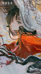  1girl absurdres black_hair blue_eyes branch chinese_clothes closed_mouth copyright_name copyright_notice facial_mark flower forehead_mark gradient_background hanfu highres logo long_hair looking_at_viewer official_art official_wallpaper paper_heron plum_blossoms red_flower red_hanfu reverse:1999 smile snow solo upper_body weimao 