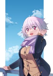  1girl absurdres black_jacket black_skirt blue_sky border breasts cardigan commentary gridman_universe hand_on_railing highres jacket large_breasts long_sleeves medium_hair ninestar open_mouth outdoors pleated_skirt purple_hair purple_scarf railing red_eyes scarf shinjou_akane shirt skirt sky solo ssss.gridman white_border white_shirt yellow_cardigan 