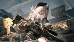  1girl beret black_gloves bolt_action brown_hair bullet cheyanne_(girls'_frontline_2) cheytac_m200 chinese_commentary commentary_request dalanxia game_cg girls'_frontline_2:_exilium girls_frontline gloves gun hat highres holding holding_gun holding_weapon jacket m200_(girls'_frontline) official_art outdoors pleated_skirt rifle road scope second-party_source skirt sniper_rifle solo street sweat torn_clothes violet_eyes weapon 