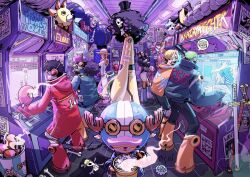  3girls 6+boys ^_^ afro antlers black_hair black_jacket blonde_hair boots brook_(one_piece) cigarette closed_eyes coat commentary dhashinn english_commentary facial_hair food franky_(one_piece) full_body goatee going_merry green_hair hair_over_one_eye hat hat_over_eyes headphones highres holding holding_food horns indoors jacket jewelry_bonney jinbe_(one_piece) jolly_roger leg_hair leotard long_hair long_nose meat monkey_d._luffy multiple_boys multiple_girls mustache nami_(one_piece) nico_robin one_piece orange_boots orange_hair playing_games playing_video_games ponytail popcorn profile red_boots red_coat reindeer_antlers roronoa_zoro sanji_(one_piece) short_hair smile straw_hat straw_hat_pirates straw_hats_jolly_roger sword thousand_sunny tony_tony_chopper usopp wanted_poster weapon yellow_coat 