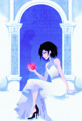  absurdres artist_name black_hair bleach blue_eyes breasts commentary crescent crescent_earrings dress earrings from_side high_heels highres jewelry kuchiki_rukia kurosaki_ichigo light_smile long_dress looking_at_viewer see-through_cleavage see-through_clothes short_hair silhouette sitting small_breasts solo_focus still_life umbra_(edits_umbra) untranslatable_commentary watermark 