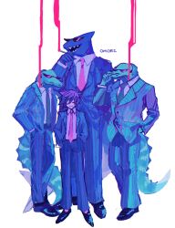 4boys antenna_hair black_shoes blue_pants blue_suit bossman_hero closed_mouth collared_shirt colored_skin commentary_request copyright_name double-parted_bangs furry furry_male gator_guy_(omori) green_necktie hair_between_eyes hands_in_pockets hero_(headspace)_(omori) hero_(omori) highres honshiya long_sleeves male_focus mr._jawsum multiple_boys necktie omori open_mouth pants parted_lips pinstripe_pants pinstripe_pattern pinstripe_suit purple_hair red_necktie sharp_teeth shirt shoes short_hair simple_background suit sunglasses teeth white_background white_shirt white_skin 