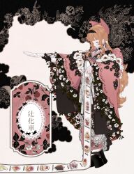  1girl absurdres black_gloves black_kimono blunt_bangs bow closed_eyes commission floral_print floral_print_kimono from_side full_body furisode gloves highres holding holding_quill japanese_clothes kimono liuyushenqiushenbaifo long_hair obi okobo orange_hair original pink_background pink_bow pink_sash platform_sandals print_kimono profile quill sample_watermark sandals sash solo tabi watermark 