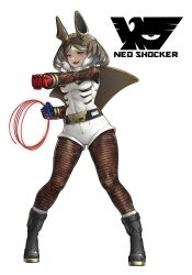 1girl belt belt_buckle black_belt black_boots bodysuit boots brown_bodysuit brown_hair buckle clenched_hands commentary cyborg eidenjyou1997 emblem english_commentary fangs full_body genderswap genderswap_(mtf) glowing highres holding kamen_rider leotard leotard_over_bodysuit looking_at_viewer medium_hair monster_girl multicolored_hair neo_kamen_rider open_mouth red_eyes shibirayjin shocker_(kamen_rider) simple_background solo standing white_background white_hair white_leotard