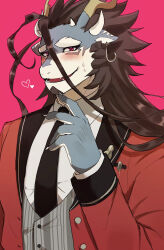  1boy black_necktie blush brown_hair commentary_request dragon_boy fish_hook_earrings furry furry_male fuxi_(housamo) grey_vest highres horns jacket long_hair long_sleeves looking_at_viewer male_focus necktie open_mouth pink_background red_jacket solo tokyo_afterschool_summoners upper_body vest yano_(zri_088) 