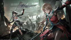  2girls asymmetrical_legwear black_hair black_pantyhose blonde_hair blue_eyes chinese_commentary cleavage_cutout clothing_cutout commentary_request dress fingerless_gloves fire flag fur-trimmed_dress fur_trim game_cg girls'_frontline_2:_exilium girls_frontline gloves green_hair highres holding holding_flag holding_sword holding_weapon mechanical_arms multicolored_hair multiple_girls necktie official_art pantyhose red_necktie roadblock rubble second-party_source single_fingerless_glove single_mechanical_arm streaked_hair sword ullrid_(girls'_frontline_2) weapon zhaohui_(girls'_frontline_2) 