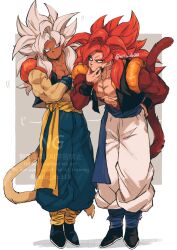  alternate_color alternate_hair_color biceps blue_eyes blue_sash body_fur dragon_ball dragon_ball_gt gogeta highres male_focus metamoran_vest monkey_boy monkey_tail muscular muscular_male no_nipples pants pectorals red_fur red_hair relio_db318 sash simple_background smile spiky_hair super_saiyan super_saiyan_4 tail veins veiny_hands white_pants 