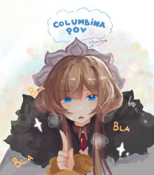  1girl black_collar blue_eyes blush bonnet brown_hair coat collar english_text fatui_coat fur-trimmed_coat fur-trimmed_hood fur_hood fur_trim gem genshin_impact hashtag-only_commentary highres hood kitsunetenma long_sidelocks looking_at_viewer open_mouth pov red_gem sandrone_(genshin_impact) short_hair short_hair_with_long_locks sidelocks solo upper_body white_coat white_headdress winter_clothes winter_coat 