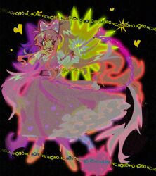  1girl absurdly_long_hair artist_name black_background blush_stickers bow commentary dark-skinned_female dark_skin dress flail full_body hair_bow highres holding holding_flail holding_weapon honshiya long_hair looking_at_viewer ojou-sama_pose omori open_mouth pink_bow pink_dress pink_eyes pink_hair polka_dot polka_dot_bow puffy_short_sleeves puffy_sleeves short_sleeves simple_background solo sweetheart_(omori) teeth twitter_username untranslatable_commentary upper_teeth_only very_long_hair weapon 