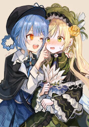  2girls black_bow black_bowtie black_capelet black_dress black_hat blue_skirt blush bow bowtie braid braided_hair_rings capelet collared_shirt commentary_request deerstalker dress flower green_bonnet green_dress green_eyes hair_flower hair_ornament hair_rings hand_fan hand_on_another's_shoulder hands_up hat holding holding_fan index_finger_raised long_sleeves looking_at_another mahou_shoujo_no_majo_saiban multiple_girls musica_musica nervous one_eye_closed open_mouth orange_eyes rose shirt signature simple_background skirt small_sweatdrop tachibana_sherry tono_hanna upper_body white_shirt wide_sleeves yellow_flower yellow_rose 