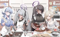  4girls ako_(blue_archive) alternate_costume asuna_(blue_archive) baking batter blue_archive bowl cake chocolate chocolate_cake chocolate_making chocolate_on_body chocolate_on_breasts chocolate_on_face commentary_request cream_on_body cream_on_breasts dark-skinned_female dark_skin decorating_baked_goods doodle_sensei_(blue_archive) food food_on_body food_on_face hair_ornament hairclip halo happy_valentine highres holding holding_bowl holding_pastry_bag holding_spatula icing iori_(blue_archive) karin_(blue_archive) korean_commentary mixing_bowl multiple_girls official_art pastry_bag sensei_(blue_archive) sirin_(sirin_8_8) spatula 