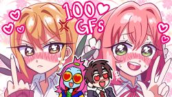  1boy 3girls :d aijou_rentarou anger_vein blue_skin blush brown_eyes brown_hair character_request colored_skin copyright_name english_commentary fang green_eyes hair_intakes hanazono_hakari heart heart-shaped_pupils hetero highres inda_karane kimi_no_koto_ga_dai_dai_dai_dai_daisuki_na_100-nin_no_kanojo long_hair middle_finger mimiyori multiple_girls orange_hair pink_hair round_eyewear short_hair skin_fang smile symbol-shaped_pupils v yuri 