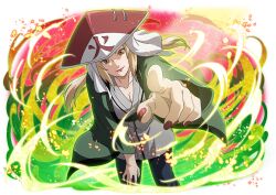  1girl black_pants blonde_hair brown_eyes green_haori grey_kimono hand_on_own_knee haori hat hokage japanese_clothes kimono long_hair looking_at_viewer naruto_(series) naruto_shippuuden:_ultimate_ninja_blazing official_art pants pointing pointing_at_viewer red_nails solo tsunade_(naruto) 