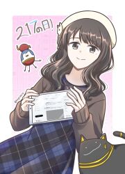  1girl 217find! absurdres animification beret black_cat black_hair cat closed_mouth commentary_request cowboy_shot date_pun dress grey_eyes hanamiya_nina hanamiya_nina_(style) hat hieroglyphics highres holding holding_tablet_pc long_hair looking_at_viewer mole mole_under_eye number_pun pinafore_dress pink_background plaid_clothes plaid_dress potatopenggu real_life sleeveless sleeveless_dress smile solo split_mouth tablet_pc twitter voice_actor white_hat 