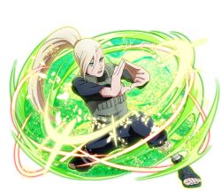  1girl black_boots black_pants black_shirt blonde_hair blue_eyes boots flak_jacket jacket long_hair naruto_(series) naruto_shippuuden:_ultimate_ninja_blazing official_art open-toe_boots open_mouth pants ponytail shirt solo teeth yamanaka_ino 