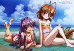  2girls beach bikini brown_hair clannad fujibayashi_kyou furukawa_nagisa picnic_basket purple_hair sitting swimsuit tagme 