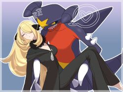  1girl barefoot black_coat black_pants blonde_hair breasts carrying closed_eyes coat cynthia_(pokemon) feet_out_of_frame fur_collar garchomp gradient_background hair_ornament hair_over_one_eye heart highres long_hair long_sleeves medium_breasts mijukuma pants parted_lips pokemon pokemon_(creature) pokemon_dppt princess_carry sidelocks sleeping spoken_heart zzz 