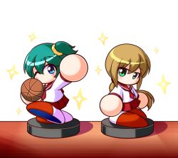  2girls arm_up asouuuu ball basketball_(object) blonde_hair blue_eyes brown_shoes commentary_request expressionless figure green_eyes green_hair hair_ornament hair_scrunchie holding holding_ball jikkyou_powerful_pro_yakyuu jikkyou_powerful_pro_yakyuu_(style) kawata_yurari long_hair low_ponytail multicolored_shoes multiple_girls nanashima_asami necktie no_mouth one_eye_closed one_side_up ponytail power_pro_kun_pocket power_pro_kun_pocket_13 rayman_limbs red_necktie red_sailor_collar red_skirt sailor_collar school_uniform scrunchie shirt shoes short_hair skirt smile sparkle table two-tone_shoes white_shirt white_shoes yellow_scrunchie 