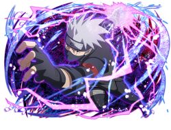  1boy black_gloves black_mask black_pants black_shirt fingerless_gloves forehead_protector gloves grey_hair hatake_kakashi konohagakure_symbol looking_at_viewer mask mouth_mask naruto_(series) naruto_shippuuden:_ultimate_ninja_blazing official_art pants scar scar_across_eye scar_on_face shirt short_hair 
